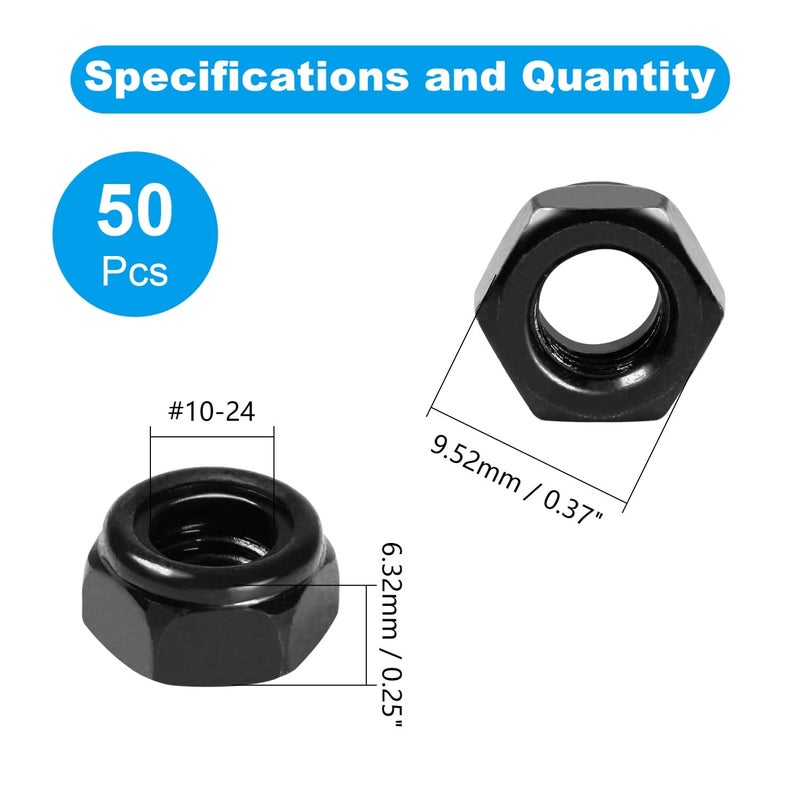 Yinpecly 50Pcs #10-24 Nylon Insert Hex Lock Nuts 304 Stainless Steel Locknuts Self-Locking Nut, Standard Inch Threaded Nylock Nuts, Hex Drive, Zinc Plated Black - Image 2